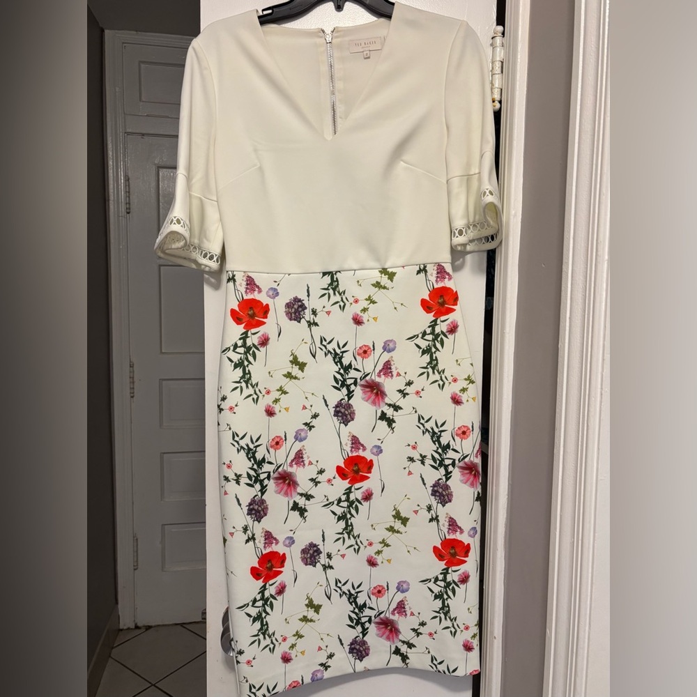 Ted Baker Cream Sheath Dress with Cuffed Sleeves and V-Neck